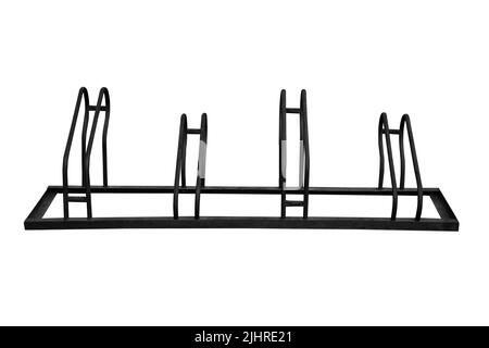 Parcheggio per biciclette in acciaio isolato su sfondo bianco, con percorso di ritaglio. Foto Stock