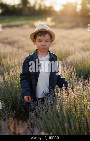 Ragazzino in cappello che cammina su un campo di lavanda Foto Stock