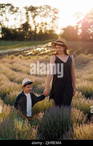 Ragazzino che cammina con la madre su un campo di lavanda Foto Stock