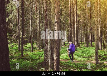 Vista laterale donna su strada a piedi con bastoni nordici in foresta circondata da alberi. Texture e natura concetto di benessere background Foto Stock