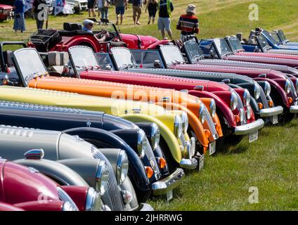 Morgan Sports Cars in mostra, Shelsley Walsh Classic Nostalgia, 16th luglio 2022. Foto Stock