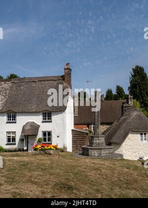 Cottage con il tetto di paglia a Lustleigh villaggio nella valle di Wrey sul Parco Nazionale di Dartmoor in Devon Foto Stock
