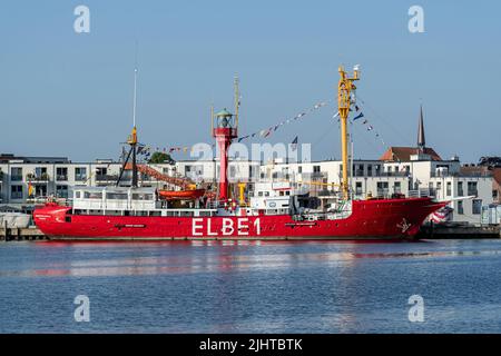 L'ex nave faro ELBE 1 Bürgermeister o'wald nel porto di Eckernförde, Germania Foto Stock