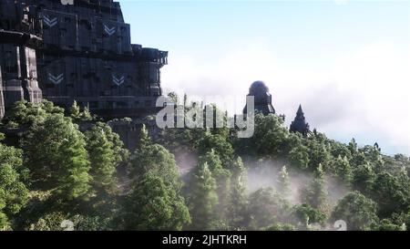 Fantasy fata cyberpunk castello, palazzo in oceano. Postapocalypde concetto. 3d rendering. Foto Stock