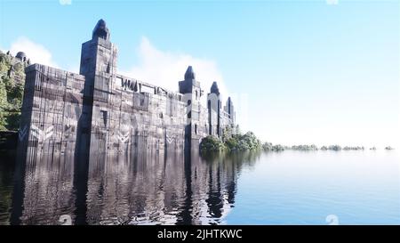 Fantasy fata cyberpunk castello, palazzo in oceano. Postapocalypde concetto. 3d rendering. Foto Stock