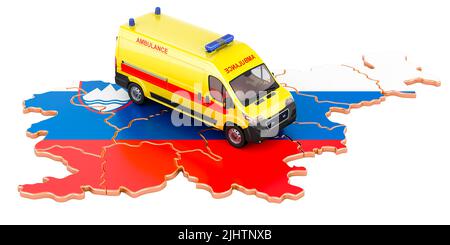 Servizi medici di emergenza in Slovenia. Van dell'ambulanza sulla mappa slovena. 3D rendering isolato su sfondo bianco Foto Stock