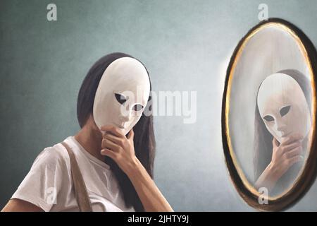 donna con maschera guarda nello specchio per vedere se si conosce Foto Stock