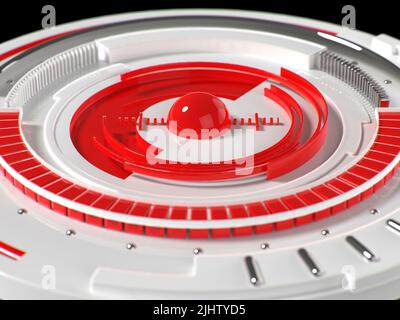 Abstract 3D disegno industriale forma circolare. Pannello di controllo dell'interfaccia utente futuristica. Parti in plastica e metallo lucide rosse e bianche. 3d visualizzazione illu Foto Stock