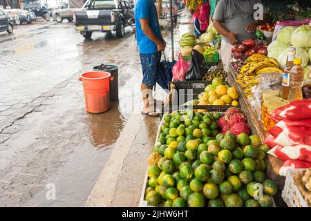 Limoni, banane, mele, spezie e altre verdure in vendita in cestini al mercato del molo in Bluefields Foto Stock