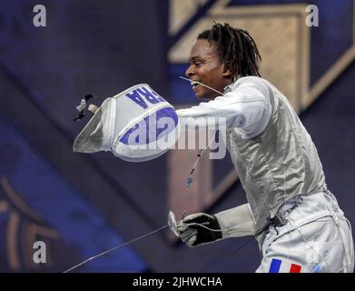 Cairo, Egitto. 20th luglio 2022. Enzo Lefort di Francia festeggia dopo aver sconfitto Tommaso Marini d'Italia durante la finale individuale maschile al Campionato Mondiale di Scherma 2022 al Cairo, Egitto, 20 luglio 2022. Credit: Nantong/Nantong/Nantong Live News Foto Stock