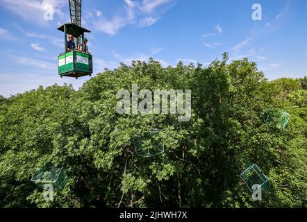 20 luglio 2022, Sassonia, Lipsia: Julia van Braak e Tom Künne, dipendenti dell'Università di Lipsia, utilizzano una gondola per raccogliere campioni da una gru nella foresta della pianura come parte del Centro tedesco di ricerca integrativa sulla biodiversità (iDiv) Halle-Jena-Leipzig. La gru forestale della pianura alluvionale consente agli scienziati di penetrare nelle cime degli alberi. La mancanza di precipitazioni mette in pericolo anche la popolazione di alberi nella foresta della pianura di Lipsia. Sycamore, quercia e soprattutto cenere sono particolarmente colpiti. I botanisti presumono che circa la metà dell'intera popolazione di alberi di cenere nella foresta della pianura alluvionale wi Foto Stock