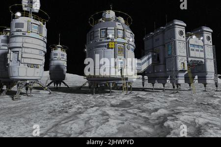 3D Illustrazione. Colonia della Luna. Base sulla Luna. Vita sulla Luna. Foto Stock