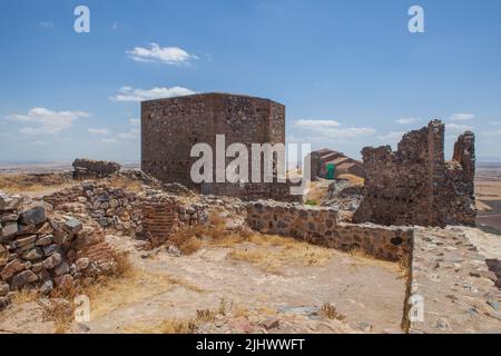 Magacela rimane foststress, Badajoz, Extremadura, Spagna. L'origine della fortezza era creduta pre-romana Foto Stock