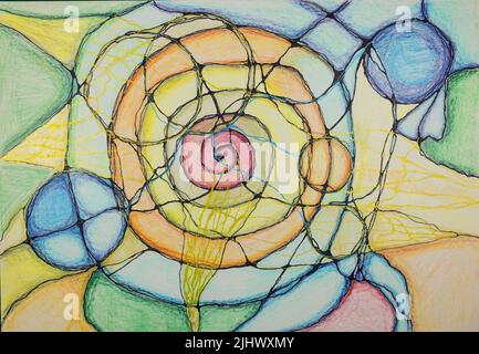 Spirale collegata con cerchi e linee. La tecnica di dabbing vicino ai bordi dà un effetto di fuoco morbido dovuto la ruvidità superficiale alterata del pa Foto Stock