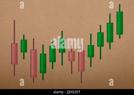 Grafico finanziario, grafico di crescita del mercato azionario o analisi di negoziazione del mercato degli investimenti aziendali grafico 3D. Rapporto finanziario di economia, su grafico del candelabro. Foto Stock