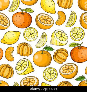 Modello senza cuciture con agrumi maturi e succosi. Sfondo disegnato a mano. Limone, arancia e mandarino su sfondo bianco. Foto Stock