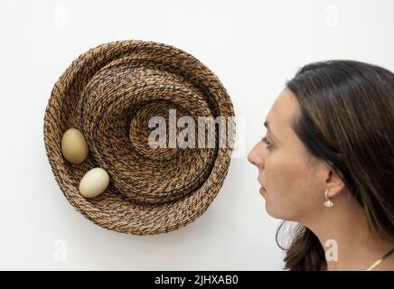 Elizabeth Xi Bauer Gallery, Deptford, Londra, Regno Unito. 21 luglio 2022. La mostra di gruppo The Immortal presenta opere di Caroline Achaintre, Lorena Ancona, Tonico Lemos AUD, Dan Coopey, Marta Jakobovits e Antonio Pichillá e si ispira a come questi artisti impiegano antiche conoscenze e tecniche alle loro rispettive pratiche. La mostra si svolge fino al 14 settembre. Immagine: DaN Coopey, senza titolo (configurazione 2), 2022. Fibra di banana, cotone cerato, gusci di uovo. Cortesia Central Galeria. Credit: Malcolm Park/Alamy Live News Foto Stock