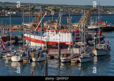 Newlyn Harbour, Penzance, Cornovaglia, Inghilterra, Regno Unito. 2022. Pescherecci commerciali e imbarcazioni da diporto nel porto di Newlyn, Foto Stock