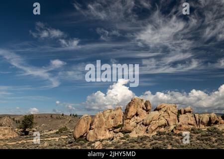 Visita la Hartman Rocks Recreation area, Gunnison, Colorado, USA, che comprende le nuvole di cirrus e cumulus congestus Foto Stock