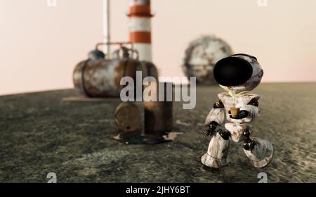 Robot piantando piccolo albero che cresce tra il cambiamento climatico e l'inquinamento atmosferico, 3D illustrazioni rendering Foto Stock