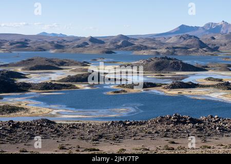 Le lagune di Cotacotani nel Parco Nazionale della Lauca nell'altiplano andino nel nord-est del Cile. Foto Stock