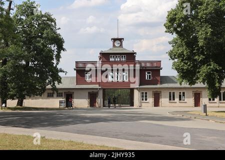 Weimar, Germania. 21st luglio 2022. L'ex porta del campo di concentramento di Buchenwald. Vicino al memoriale di Buchenwald, sette alberi sono stati tagliati per commemorare le vittime del campo di concentramento nazista vicino a Weimar Credit: Bodo Schackow/dpa/Alamy Live News Foto Stock