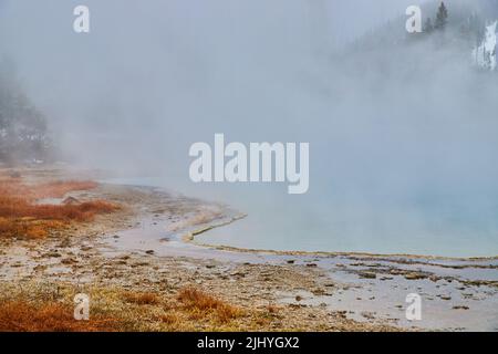 Piscine di Yellowstone in primavera coperte di vapore solforico Foto Stock