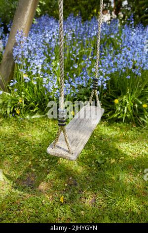 Divertimento giardino swing per i bambini per rilassarsi, godere e giocare in un week-end o pausa con i comuni fiori bluebell in crescita sullo sfondo. Legno fatto in casa e. Foto Stock