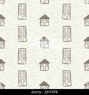 Mano disegnato Doodle casa lino effetto texture pattern. Stampa decorativa in tessuto grigio naturale senza cuciture per carta da parati in tela. Foto Stock