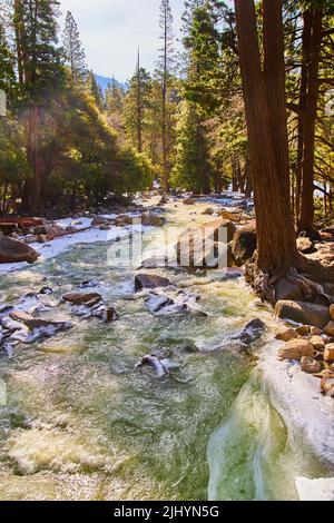 Yosemite acque turchesi che scendono su rocce gelate nella foresta di pini Foto Stock