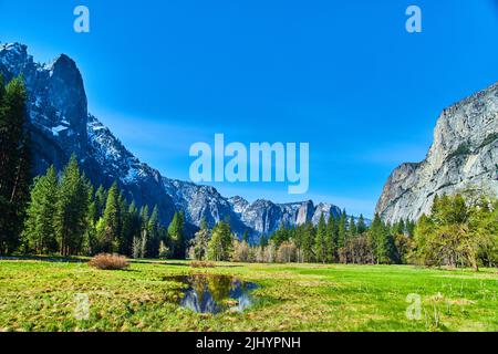 Vista sulle montagne dai campi della Yosemite Valley Foto Stock