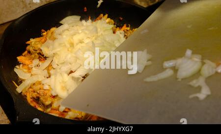 Piatto di chiken speziato coreano fatto in casa, chiken fritto con carota in una padella con olio di girasole. Aggiungere la cipolla. Foto Stock