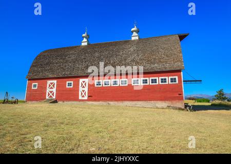 vecchio granaio rosso sulla panchina di cottonwood vicino al clyde park, montana Foto Stock