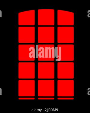 Oldwindow. Immagine di una finestra rossa e nera per spazio copia e pubblicità. Illustrazione di un profilo della finestra creepy che mostra un misterioso Foto Stock