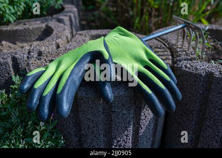 Guanti da giardino nei letti. Concetto di giardinaggio Foto Stock