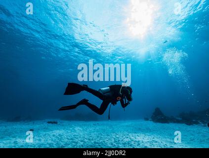 Donna subacquea al Mare delle Andamane / Thailandia Foto Stock