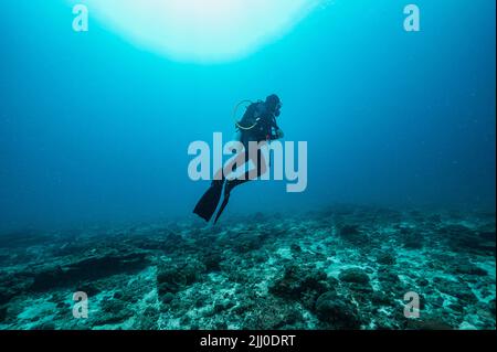 Donna subacquea al Mare delle Andamane / Thailandia Foto Stock