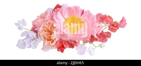 Bouquet di peonie rosa e rose closeup isolato su uno sfondo bianco Foto Stock