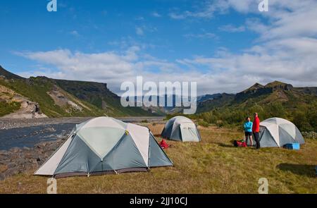 campeggio nella valle del Thorsmork in Islanda Foto Stock