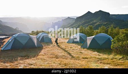 campeggio nella valle del Thorsmork in Islanda Foto Stock