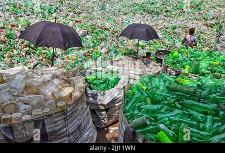 Lavoratori che selezionano a mano bottiglie di plastica in un impianto di riciclaggio, Bogura Bangladesh. Rifiuti di plastica, riutilizzo, industria verde, manodopera, pulizia, sostenibilità Foto Stock