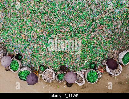 Lavoratori che selezionano a mano bottiglie di plastica in un impianto di riciclaggio, Bogura Bangladesh. Rifiuti di plastica, riutilizzo, industria verde, manodopera, pulizia, sostenibilità Foto Stock