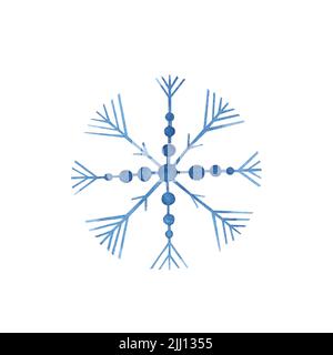 Fiocco di neve blu chiaro isolato su sfondo bianco. Acquerello disegno a mano inverno illustrazione. Arte per design, tessuti, biglietti, inviti, banner Foto Stock