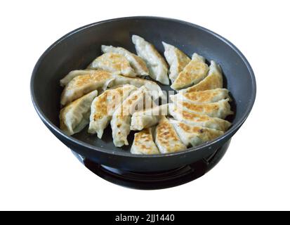 Filare gnocchi fritti Gyoza in padella su bianco isolato. Foto Stock