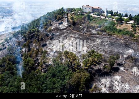 Vegetazione distrutta e gli alberi bruciati intorno al santuario di San Michele dal vasto incendio che colpì il Monte di San Michele nella città di Maddalo Foto Stock