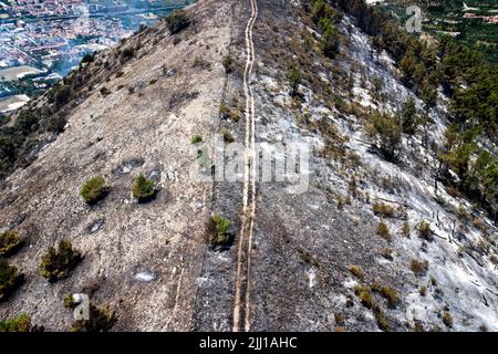 Vegetazione distrutta e alberi bruciati dal vasto incendio che colpì il Monte di San Michele nella città di Maddaloni. Incendi in Campania, causati dal dro Foto Stock