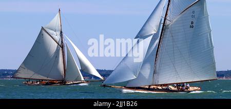 Gaffer,gaffer,classic,yachts,boats,boating,racing,Cowes,isola di Wight,Inghilterra,UK,Gran Bretagna,Britannica,legno, Foto Stock