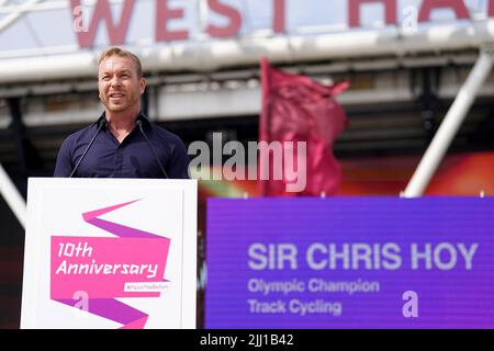 Il medaglia d'oro olimpico Sir Chris Hoy durante l'evento del 10th anniversario delle Olimpiadi di Londra del 2012, che si tiene al Bridge One presso il Queen Elizabeth Olympic Park di Londra. Mercoledì 27 luglio segnerà esattamente 10 anni dalla cerimonia di apertura dei Giochi Olimpici di Londra 2012. Data foto: Venerdì 22 luglio 2022. Foto Stock