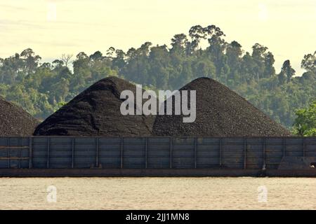 Chiatta di carbone sul fiume Segah in Tanjung Redeb, Berau, Kalimantan orientale, Indonesia. Foto Stock