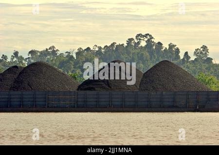 Chiatta di carbone sul fiume Segah in Tanjung Redeb, Berau, Kalimantan orientale, Indonesia. Foto Stock